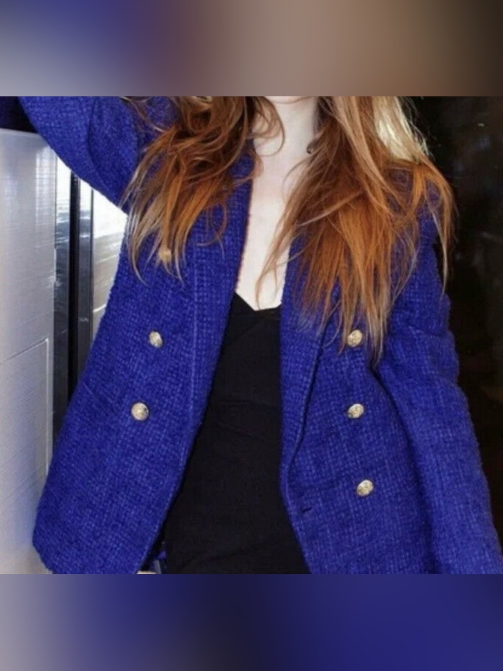 Zara Royal Blue Double Breasted Tweed Blazer S